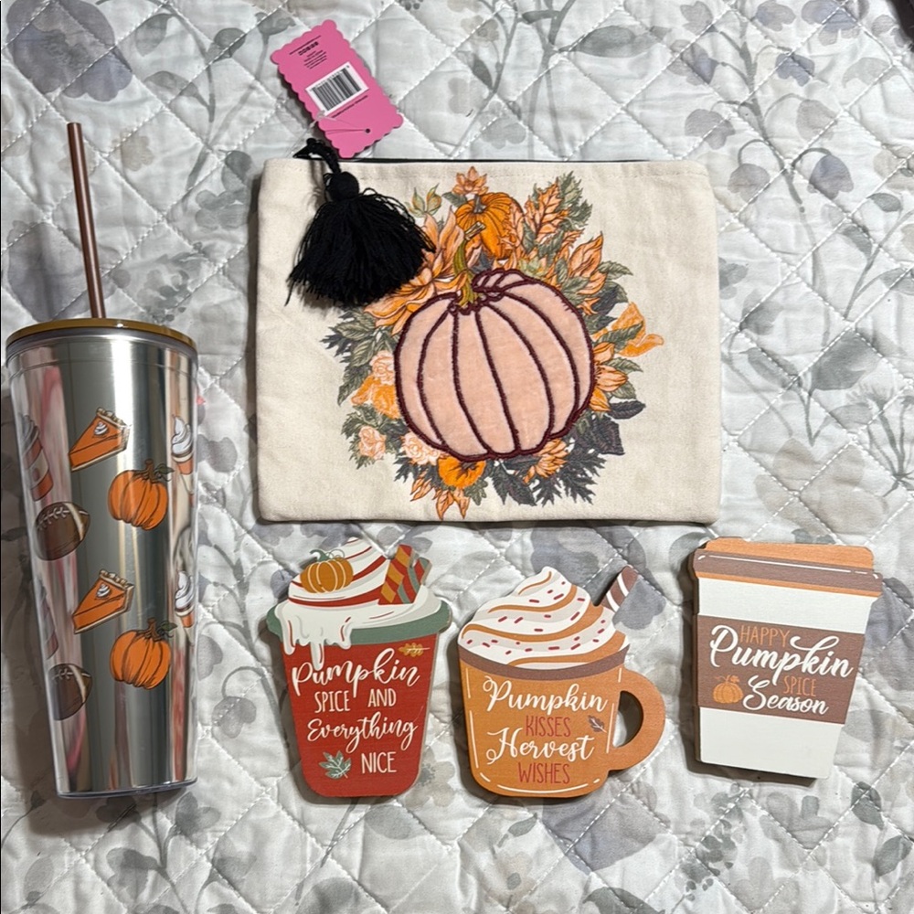Fall Pumpkin Themed Tumbler and Coaster Set